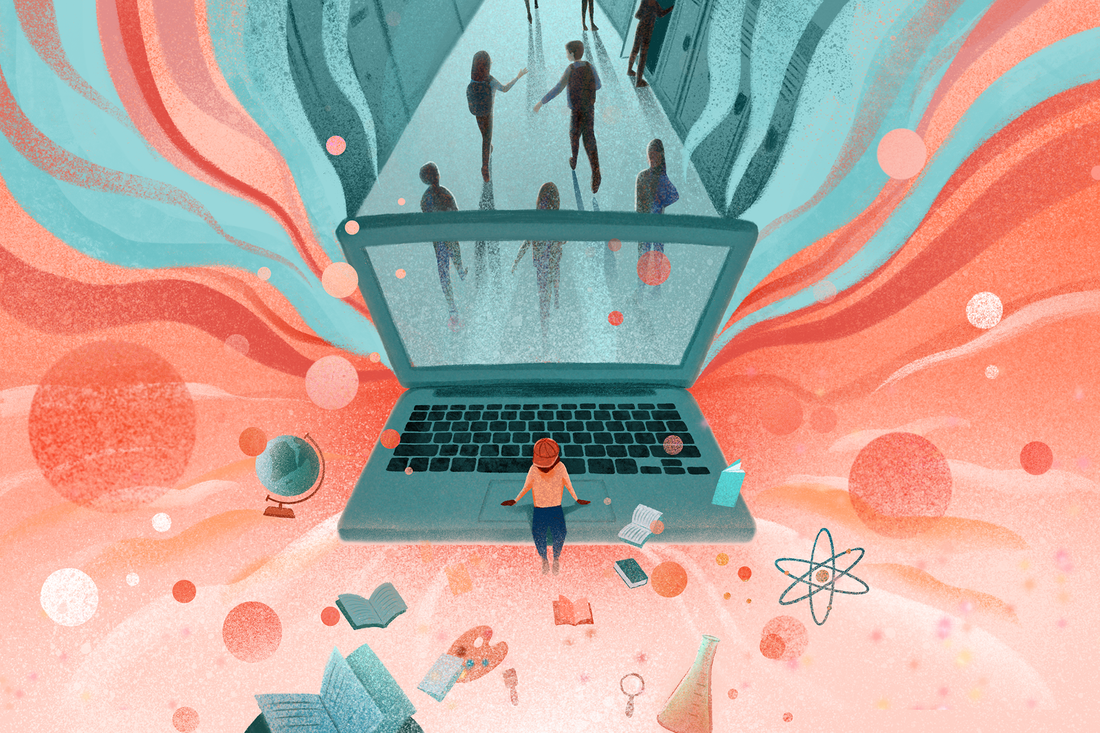 Illustration of a student sitting on the edge of a laptop with darkness behind and lightness ahead.