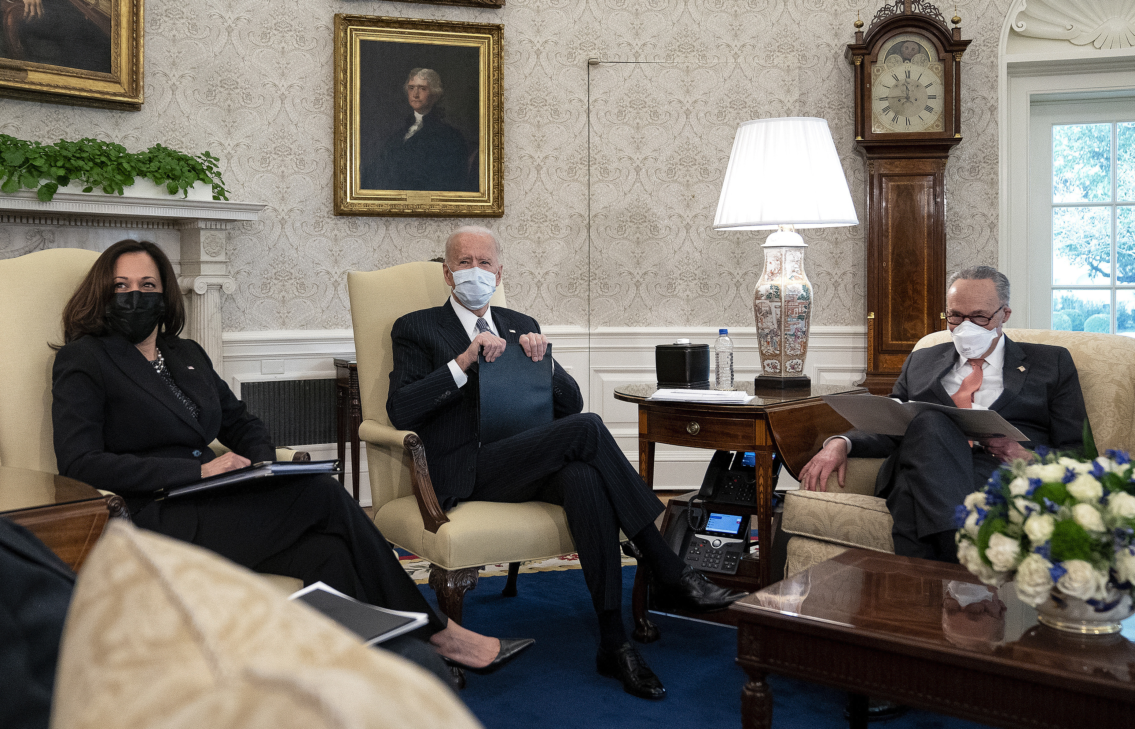 President Biden and Vice President Harris meet with Senate Majority Leader Chuck Schumer and other Democratic senators on Wednesday to talk about Biden's $1.9 trillion COVID-19 relief proposal. (Getty Images)