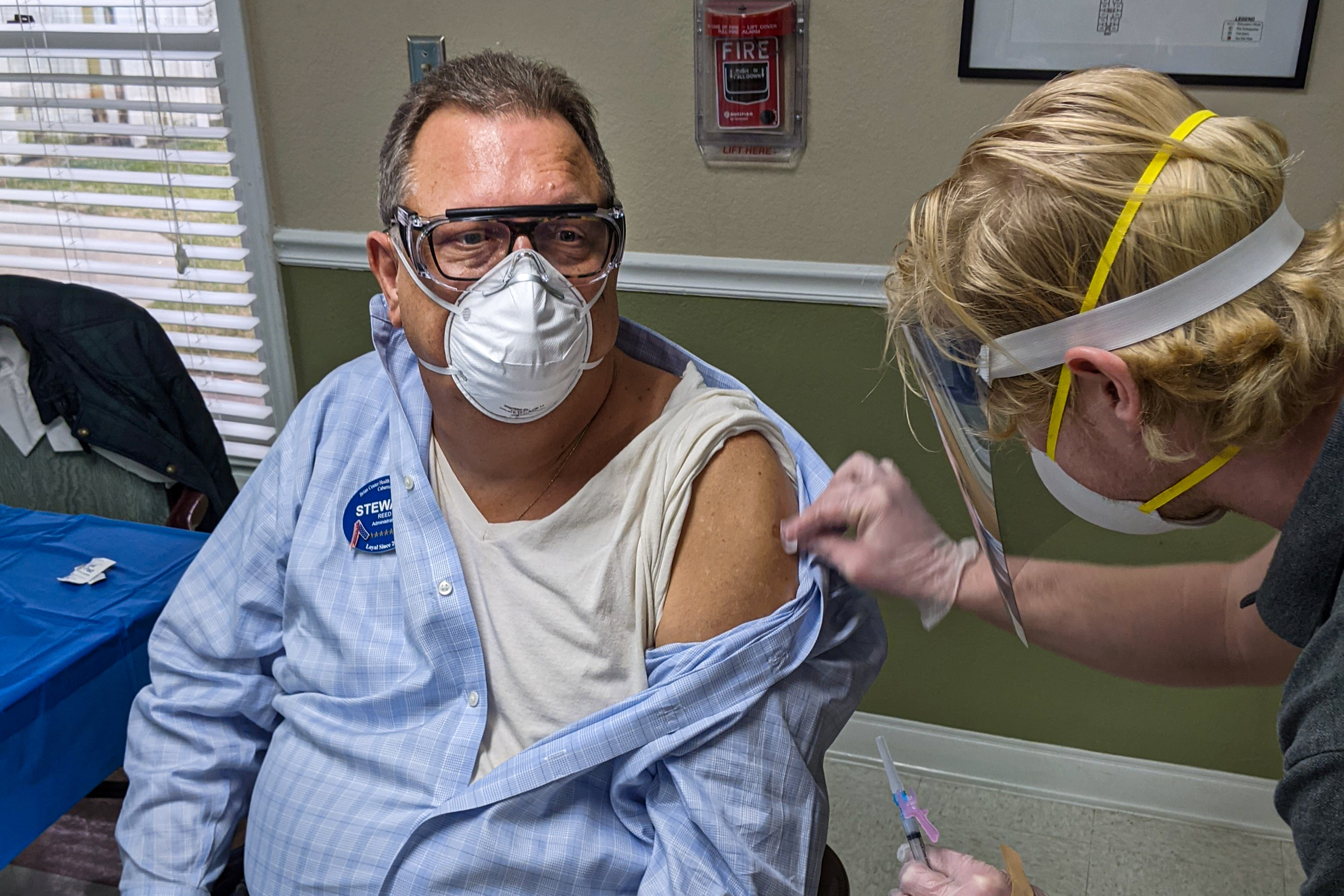 Stewart Reed, nursing home administrator at the Brian Center Health & Retirement/Cabarrus, was among the first to receive his COVID-19 vaccine on Jan. 14, 2021. (Aneri Pattani / Kaiser Health News)