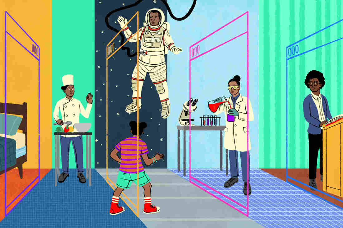 A young girl moves through a series of video classes in a virtual school setting.