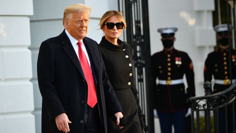 Former President Donald Trump and Melania Trump leave the White House on Jan. 20, President Biden's Inauguration Day. Trump is facing an impeachment trial in the Senate this week. (Mandel Ngan/AFP via Getty Images)