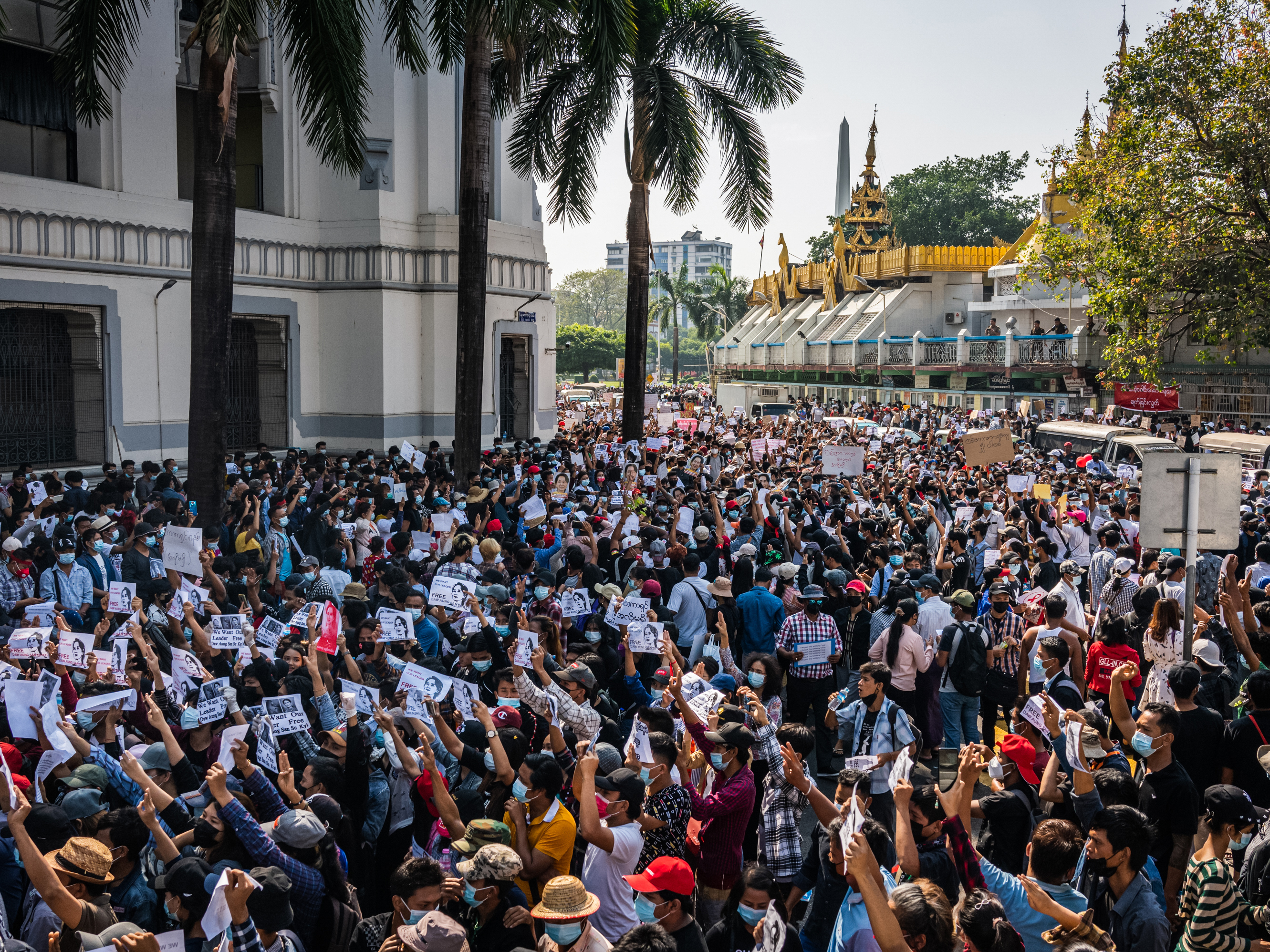 Protests continued on Monday in cities across Myanmar, including this one in Yangon, as people took to the streets to demand the release of de facto leader Aung San Suu Kyi and return to democratic rule following a military coup. (Getty Images)