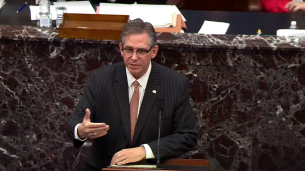 In this screenshot taken from a congress.gov webcast, Bruce Castor Jr. defense lawyer for former President Trump speaks on the first day of Trump