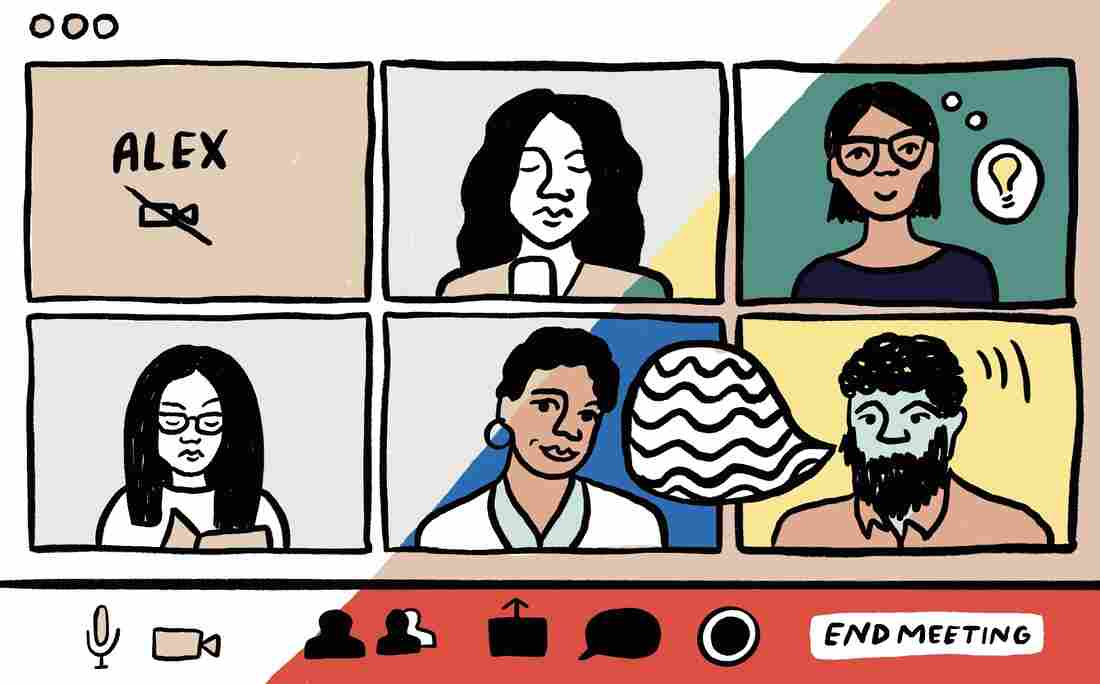 People sit in a video chatroom.