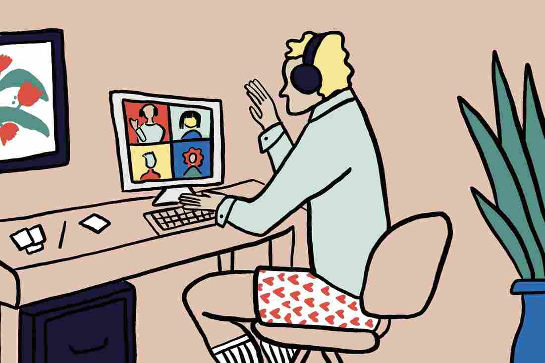 Person in a collared work shirt and underwear sits at desk on camera during a meeting.