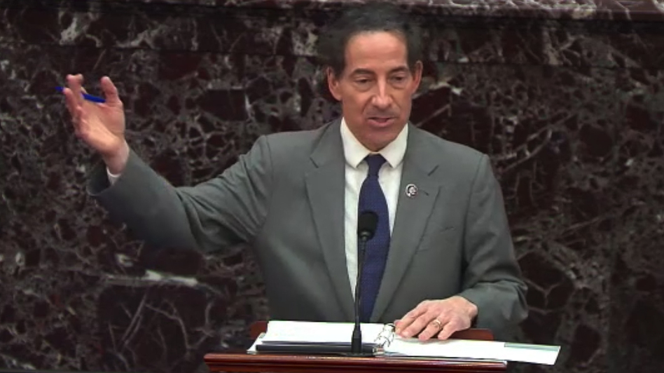 Rep. Jamie Raskin, D-Md., the lead House impeachment manager, speaks in the Senate on Wednesday. He argued that former President Donald Trump incited the Jan. 6 attack on the U.S. Capitol and that his words are not protected by the First Amendment. (Bloomberg/Bloomberg via Getty Images)