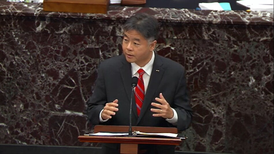 Rep. Ted Lieu, D-Calif., speaks on the third day of former President Donald Trump's second impeachment trial. House impeachment managers argue that Trump both incited the Jan. 6. insurrection and showed no remorse after the attack. (Handout/Getty Images)