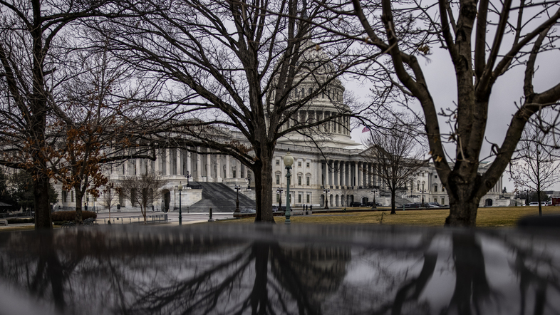 The U.S. Capitol on Thursday, the third day of former President Donald Trump's Senate impeachment trial. (Samuel Corum/Getty Images)