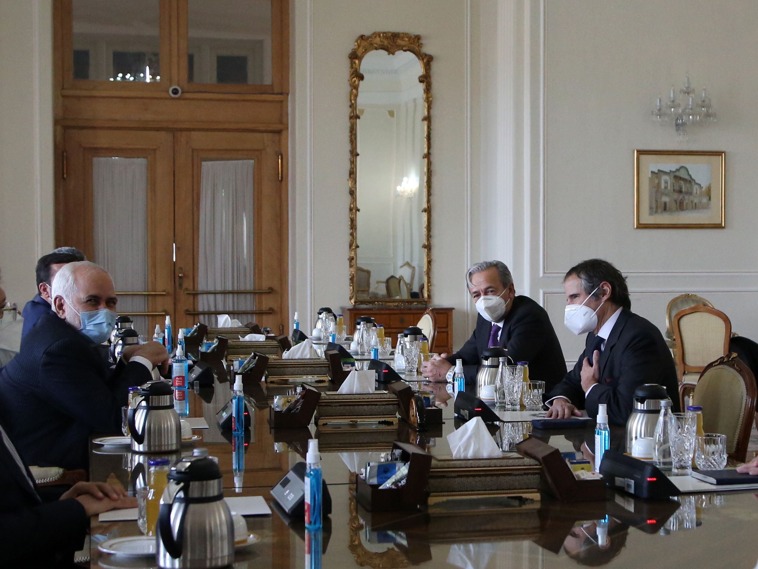 Director General of the International Atomic Energy Agency (IAEA) Rafael Mariano Grossi meets over the weekend with Iranian Foreign Minister Mohammad Javad Zarif. (Anadolu Agency via Getty Images)