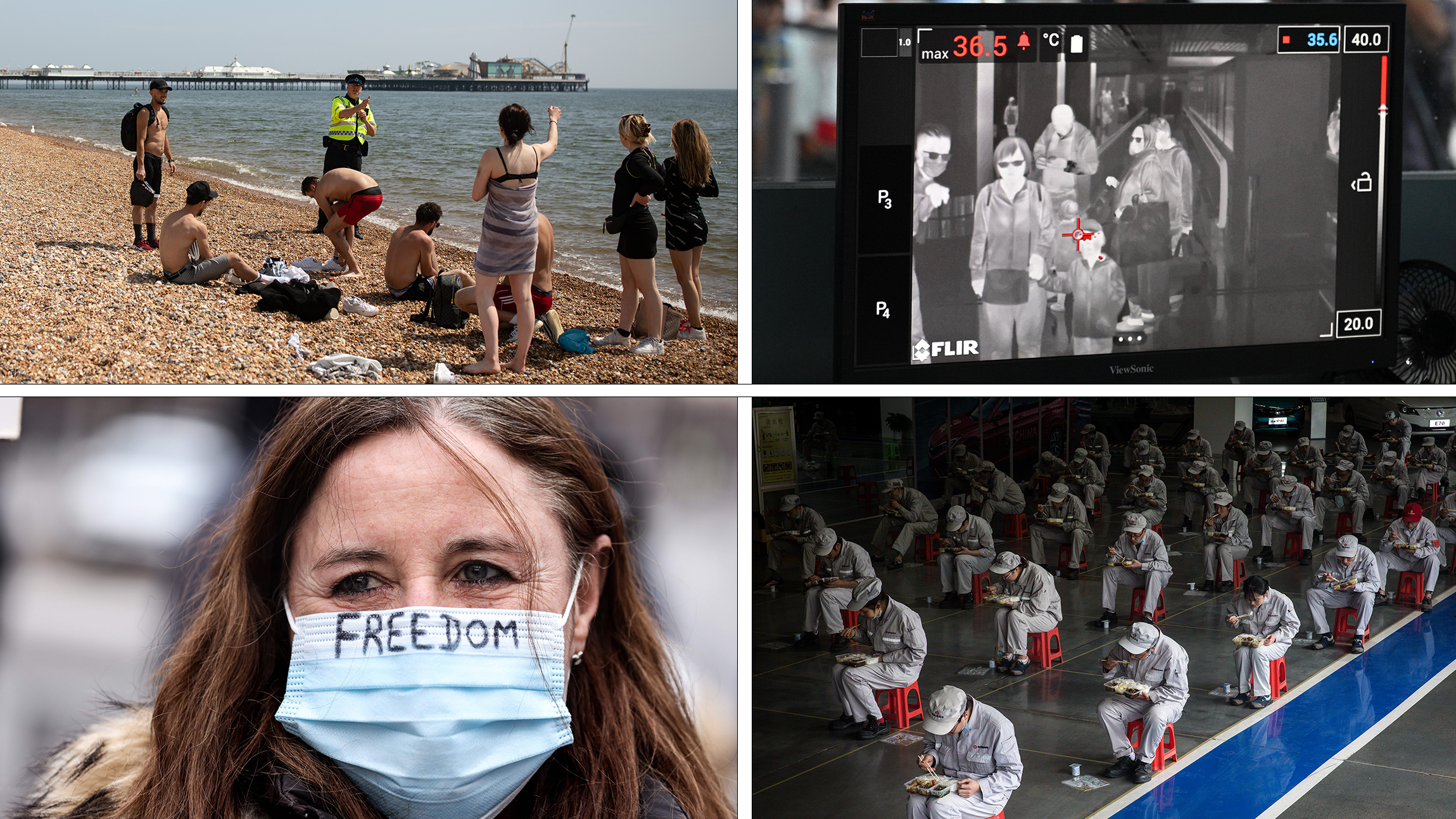 Top left: An officer asks people to observe lockdown rules in Brighton, England. Bottom left: A protester at a lockdown demonstration in Brussels, Belgium last month. Top right: Malaysian health officers screen passengers with a thermal scanner at Kuala Lumpur Airport in January 2020. Bottom right: Employees eat their lunch in Wuhan, China, in March 2020.