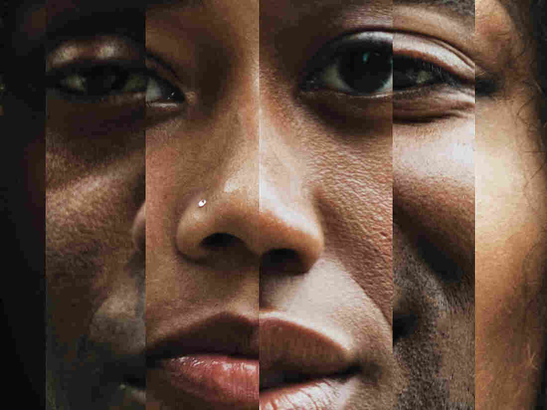 A montage blend of African American faces close up, both men and women with different shades and colors in skin tone. Melanin beauty.