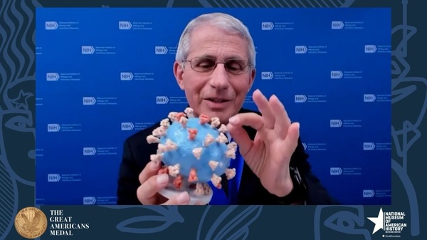 Dr. Anthony Fauci holds his personal 3D-printed model of the SARS-CoV-2 virion during the "Great Americans Awards Program."