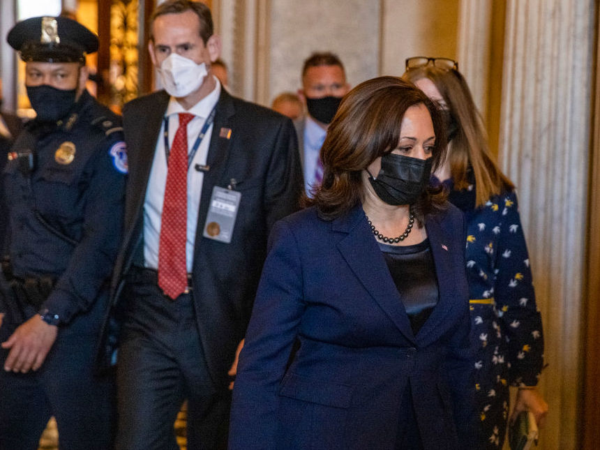 Vice President Harris leaves the Capitol on Thursday after casting a procedural vote to start debate on the $1.9 trillion coronavirus relief bill. (Getty Images)