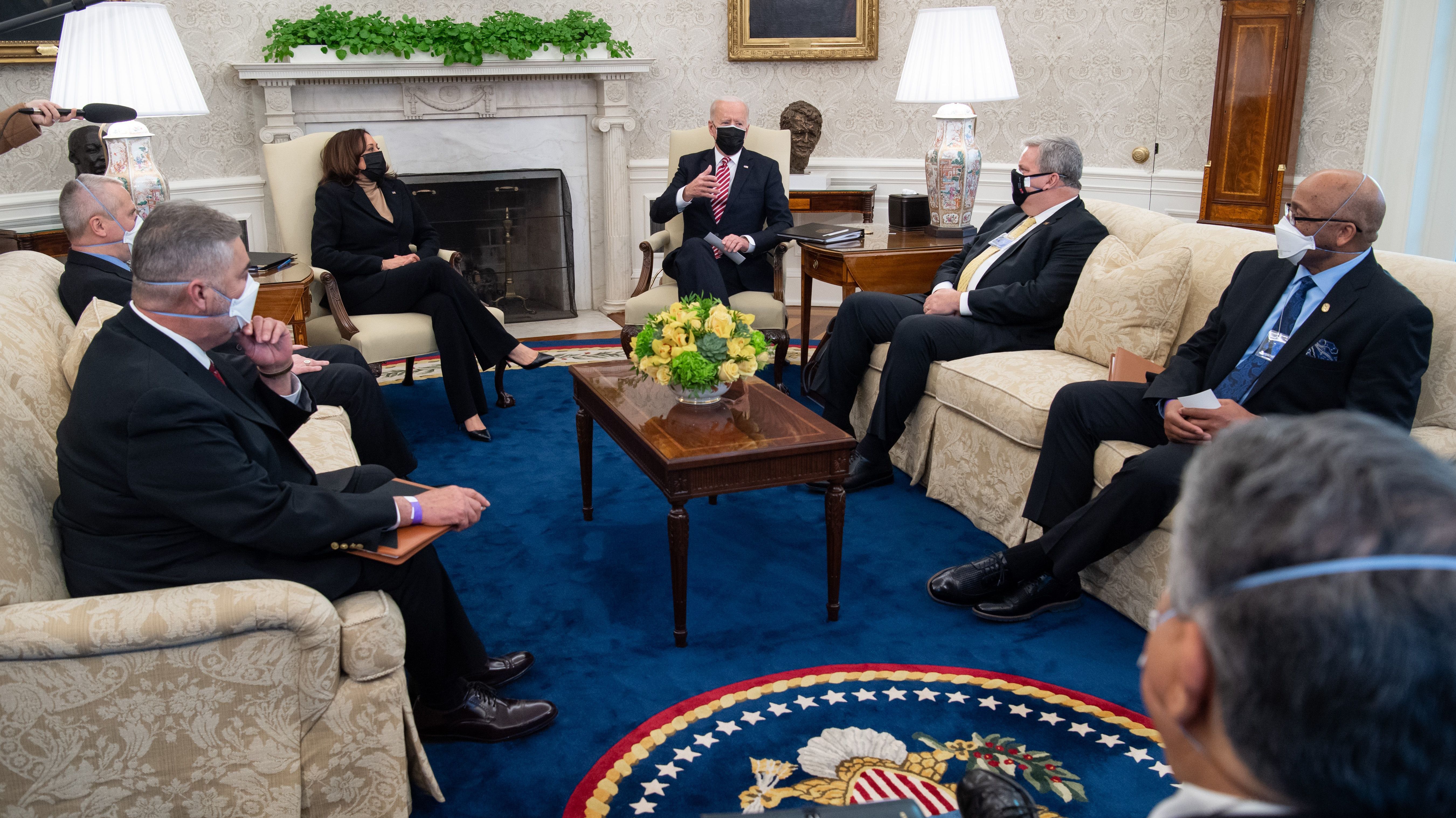 President Biden and Vice President Harris invited 10 labor leaders into the Oval Office in mid-February. Biden has pledged to be the most labor-friendly president ever. (AFP via Getty Images)