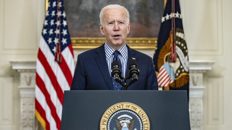 President Joe Biden speaks from the State Dining Room following the passage of the American Rescue Plan in the U.S. Senate at the White House on March 6, 2021. (Samuel Corum/Getty Images)