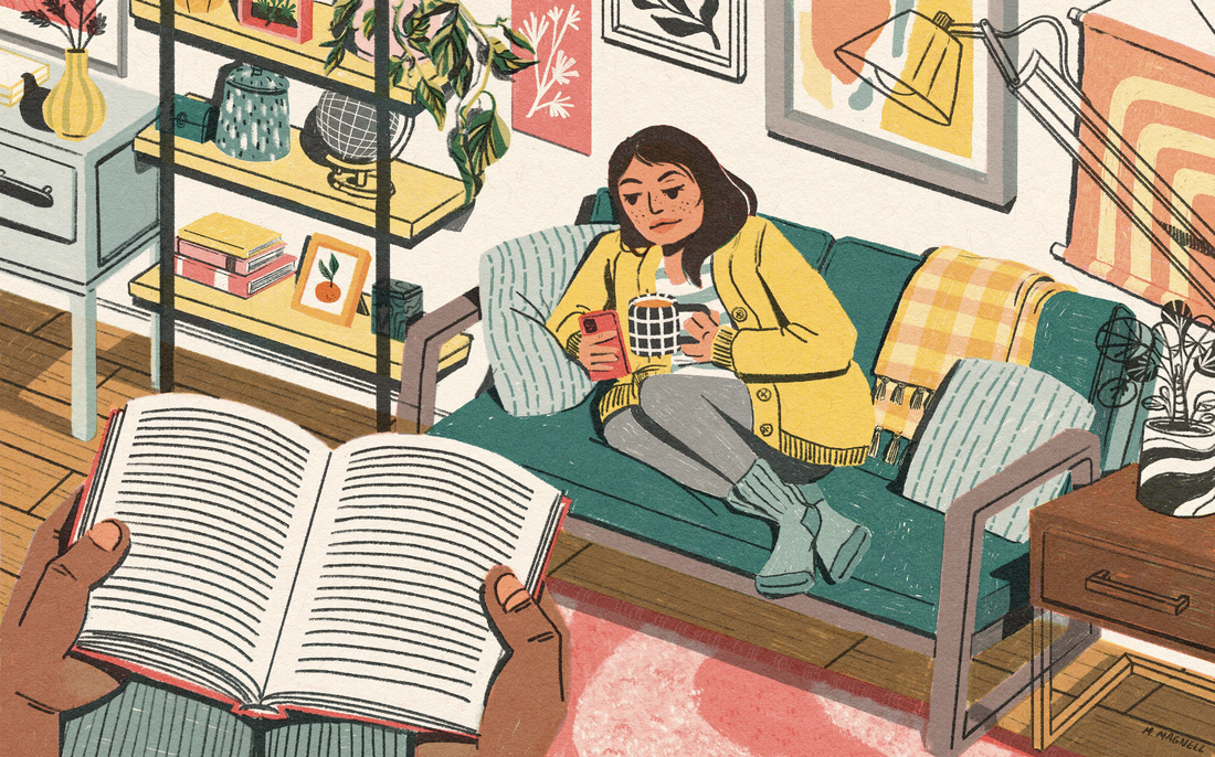 A woman curls up on a teal couch, holding a mug and looking at her phone. Behind her is a wall full of art. She is surrounded by plants, cozy furniture and knickknacks. Across the room in the foreground, a pair of hands holds a book.