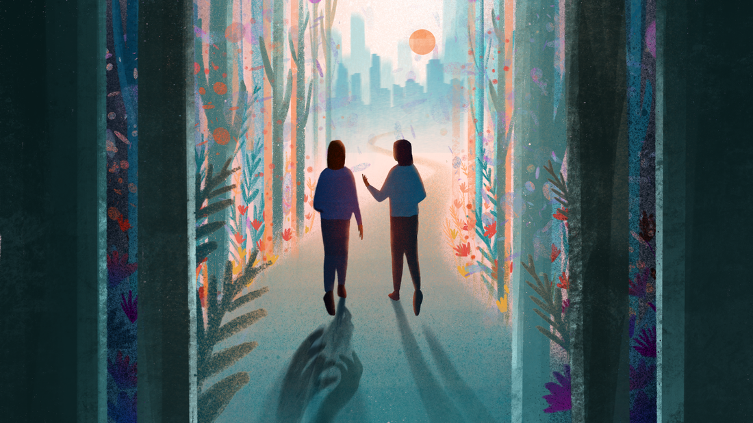 Two figures walk out of the woods toward a colorful city, one of the figures is trailed by a shadow of hands reaching toward her while the other figure gestures in conversation.
