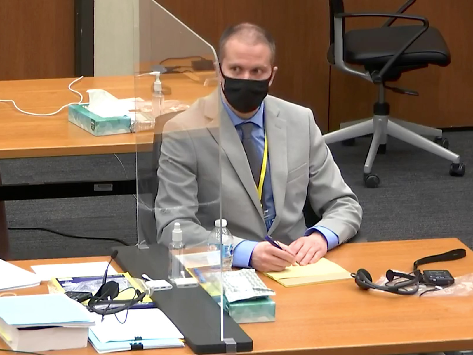A screenshot from Minnesota Public Radio's live Facebook video feed of jury selection in the trial of former Minneapolis police officer Derek Chauvin. (MPR News/Screenshot by NPR)