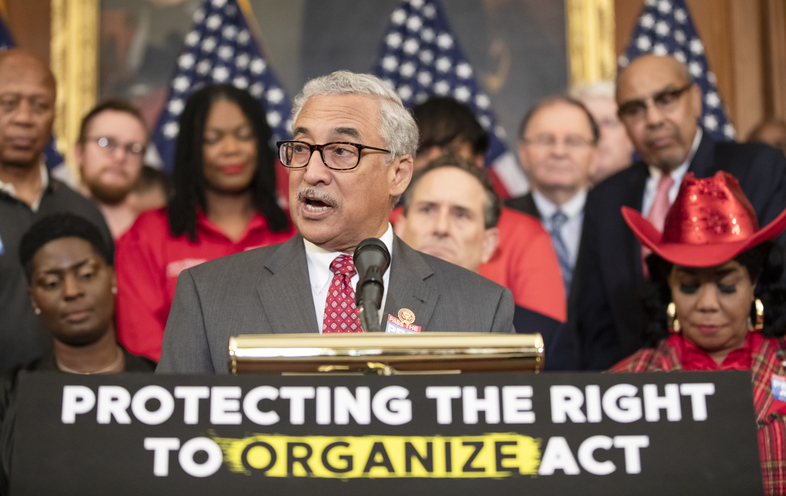 Seen here during a 2020 news conference, Rep. Bobby Scott, D-Va., is the lead House sponsor of the Protecting the Right to Organize Act, which passed the House on Tuesday. (Samuel Corum/Getty Images)