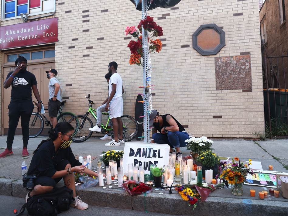 A memorial, pictured in Sept. 2020, commemorated the site where Daniel Prude was arrested in Rochester, N.Y. Prude died of asphyxiation after being restrained by police in March, and his family has filed a wrongful death lawsuit nearly a year later. (Michael M. Santiago/Getty Images)