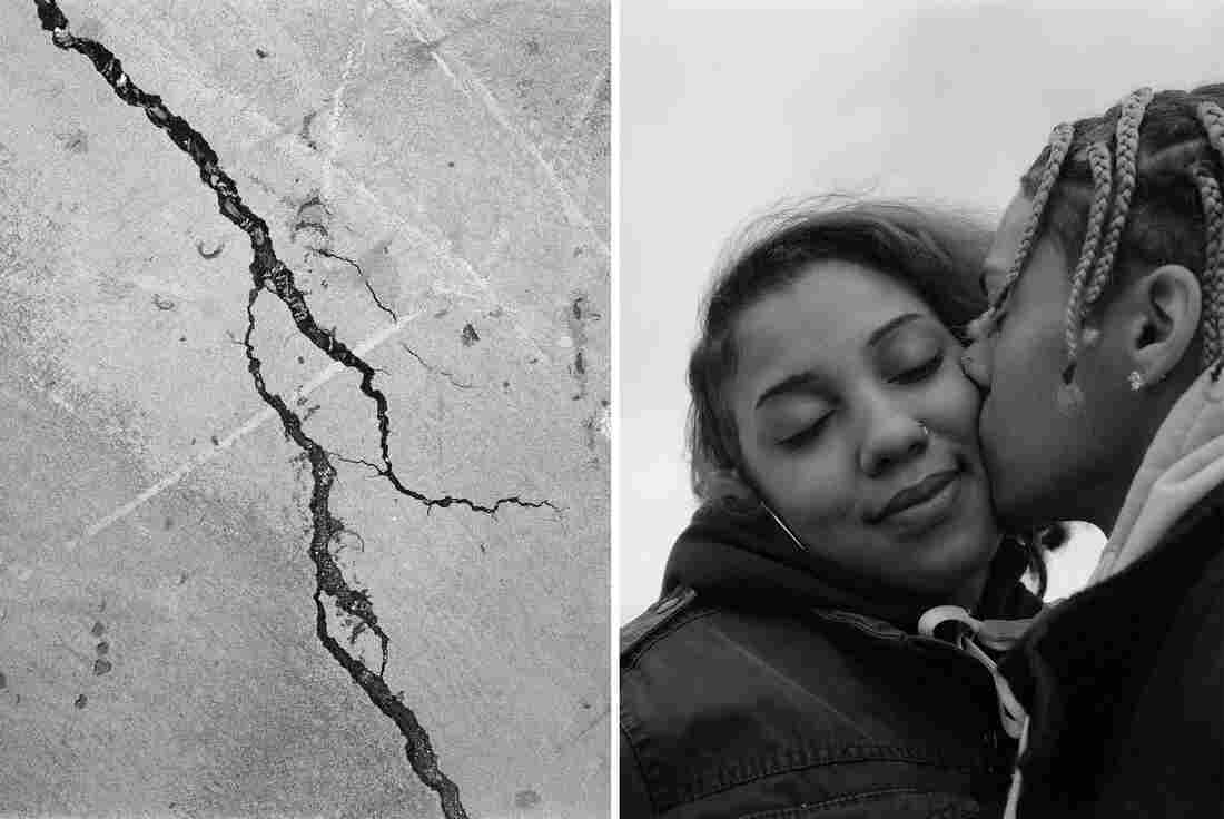 A crack in the pavement and a Black couple kissing. Both photos are in black and white in Al J Thompson's book, Remnants of an Exodus.