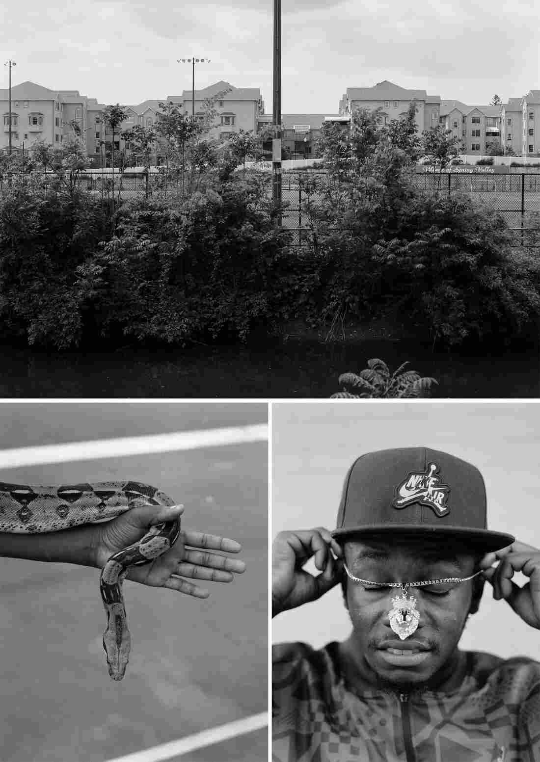 Trees in front of an apartment complex, a Black man puts a necklace on, a person holds a snake.