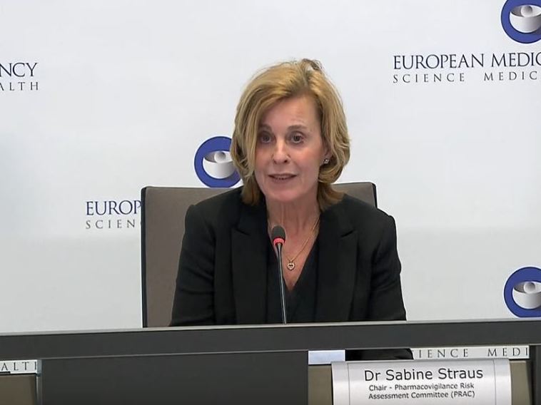 Dr. Sabine Straus, chair of the European Medicines Agency's Pharmacovigilance Risk Assessment Committee, said Thursday that the committee had concluded there is no increase in the overall risk of blood clots with the AstraZeneca vaccine. (YouTube/European Medicines Agency)
