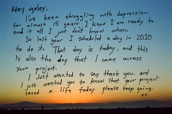 "The notes that really strike me are the ones that are talking directly to me or addressed to me," Geloy Concepcion said about the submissions to his project. "These entries are not just confiding ... they are talking directly from one human being to another. Every time I get those, they remind me that behind every note submitted is someone hoping I will read and listen to their sentiment."