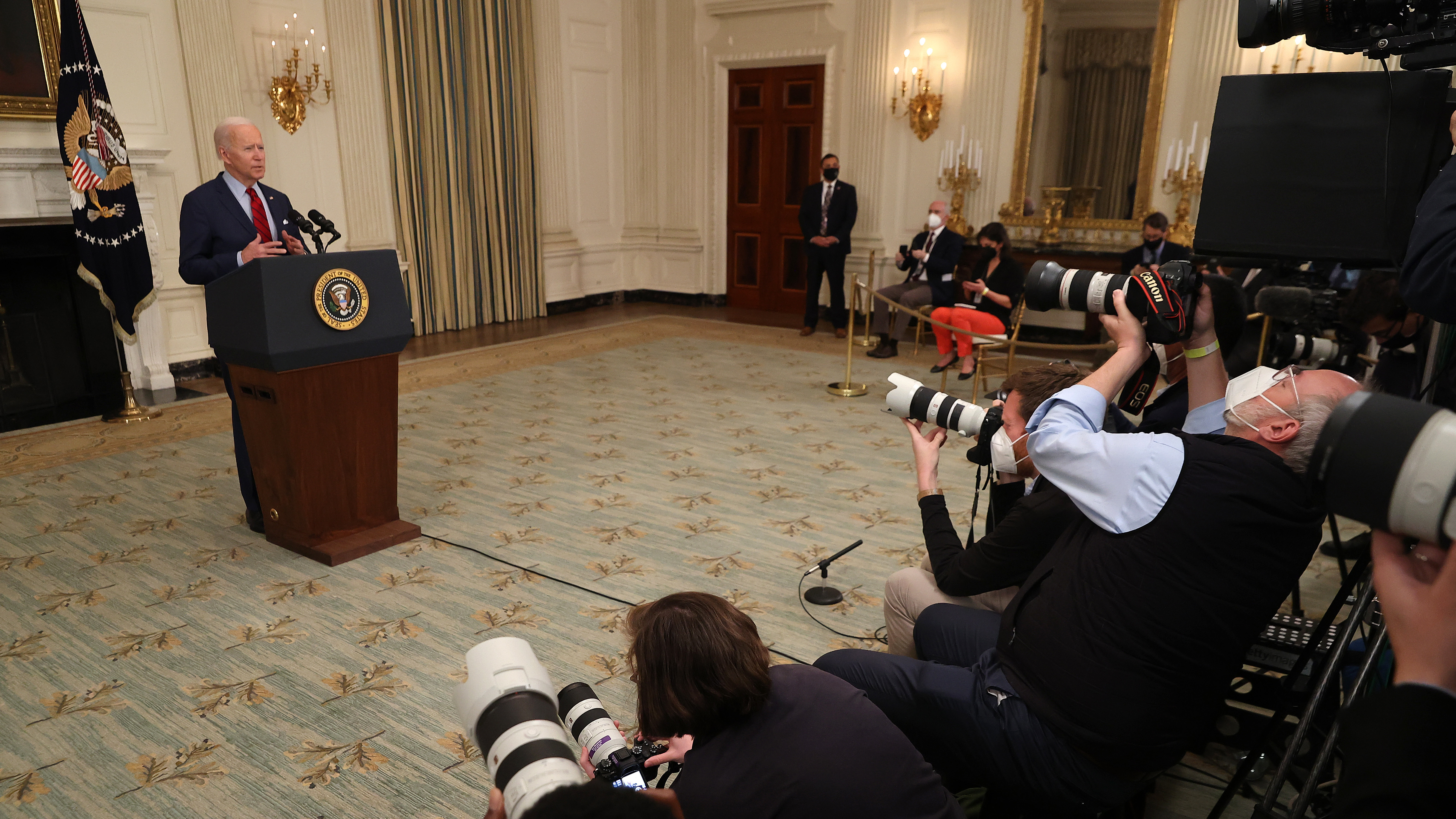 President Biden speaks Tuesday about a mass shooting in Boulder, Colo., where 10 people were killed at a grocery store. It's just one issue Biden may be asked about in his first news conference as president. (Getty Images)