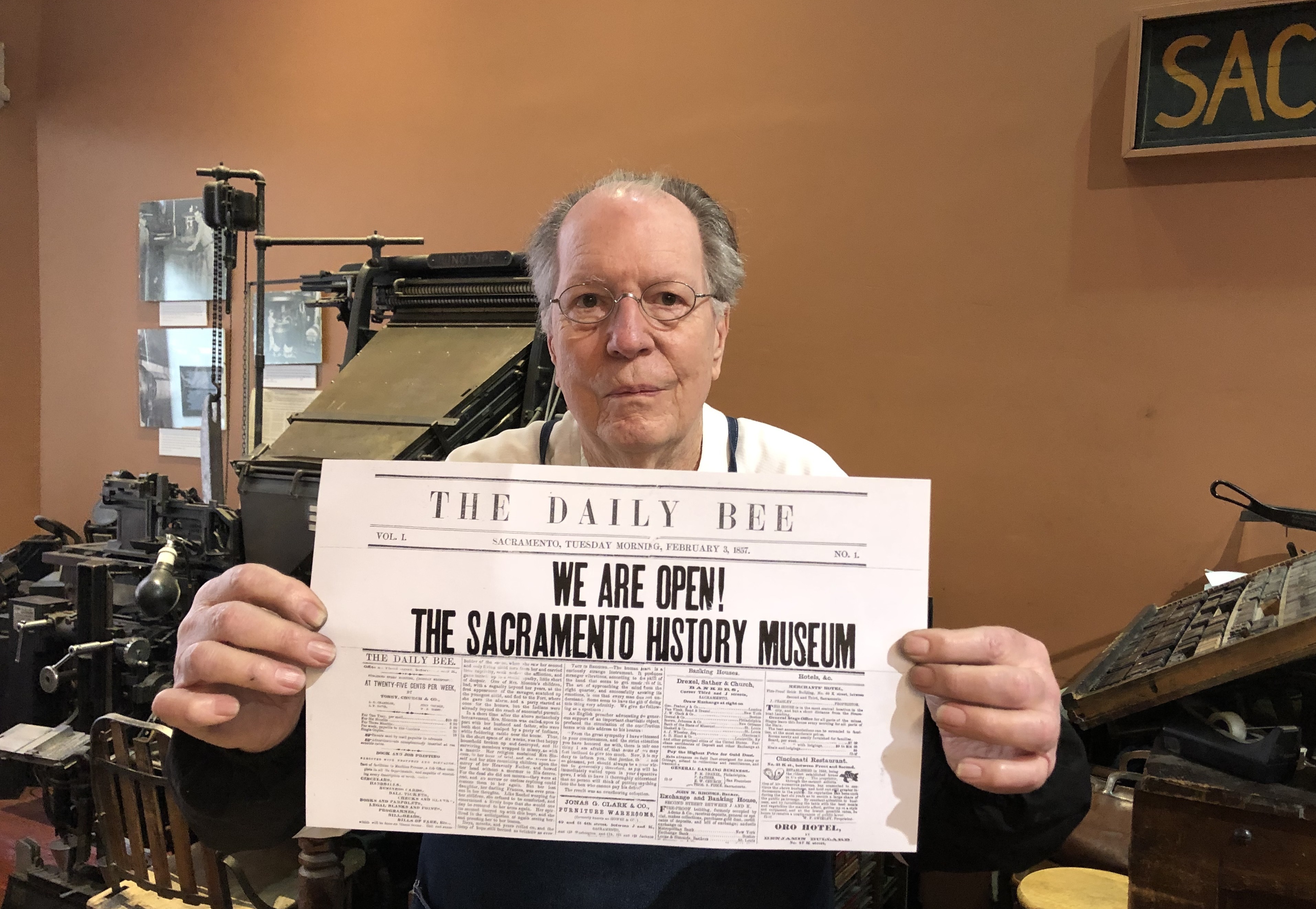 Howard Hatch's command of printing press history has earned the Sacramento History Museum volunteer star power on TikTok. (Sacramento History Museum)