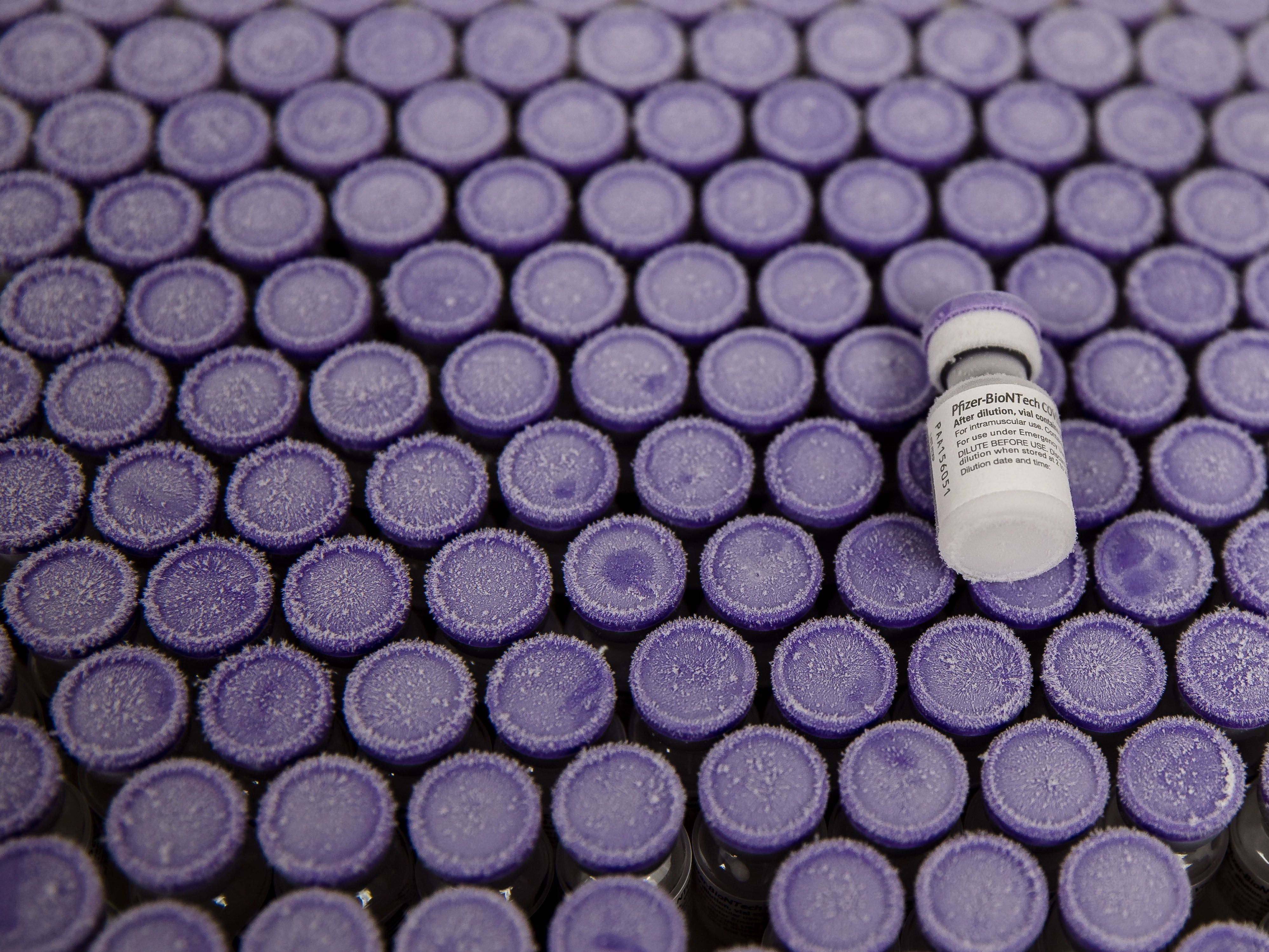 Vials of Pfizer's COVID-19 vaccine are pictured at Rady Children's Hospital in San Diego in December. Mexicans have gone to California, Florida and other states seeking vaccines as their country has struggled to roll them out. (Ariana Drehsler/AFP via Getty Images)
