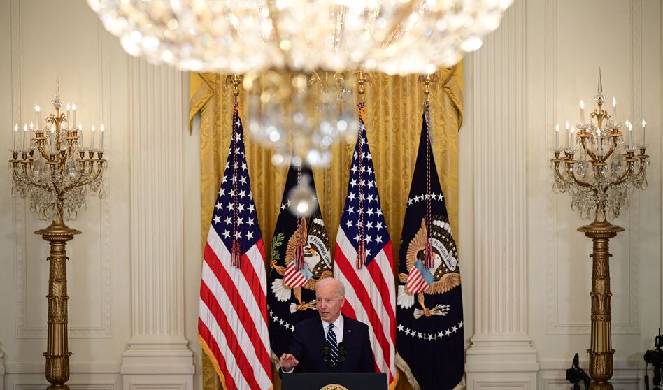 President Biden speaks during his first press briefing in the East Room of the White House on Thursday. (Jim Watson/AFP via Getty Images)