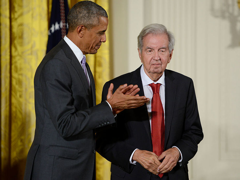 President Barack Obama presents novelist, essayist and screenwriter Larry McMurtry with the National Humanities Medal in September 2015. (Leigh Vogel/WireImage/Getty Images)