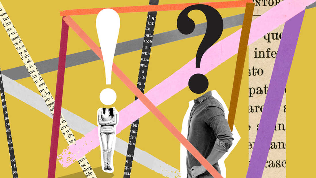 A collaged illustration against a yellow backdrop. Two figures stand in the frame. One, with arms crossed, has a head replaced by an exclamation point. On the right, a figure with hands on hips has a head replaced by a question mark. Collaged lines move behind them and over them in all directions.