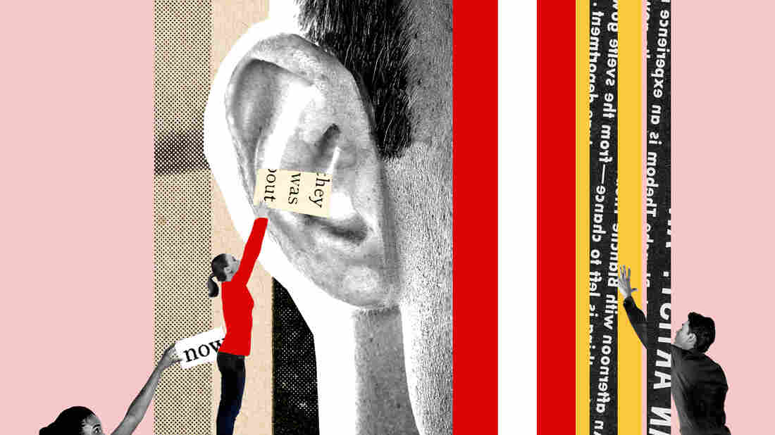 A collage image of people at a small scale putting cutouts of words into an ear that is much larger scale. The page has a pink background, and intermingled between the people are red, white, yellow and black stripes, some with illegible text on them.