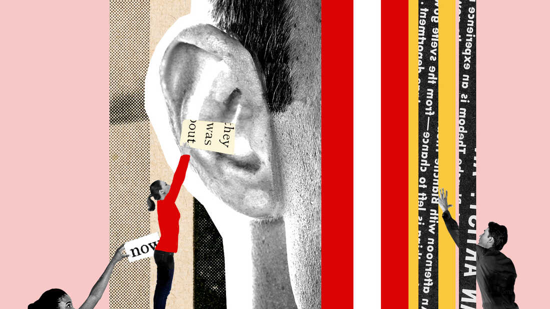A collage image of people at a small scale putting cutouts of words into an ear that is much larger scale. The page has a pink background, and intermingled between the people are red, white, yellow and black stripes, some with illegible text on them.