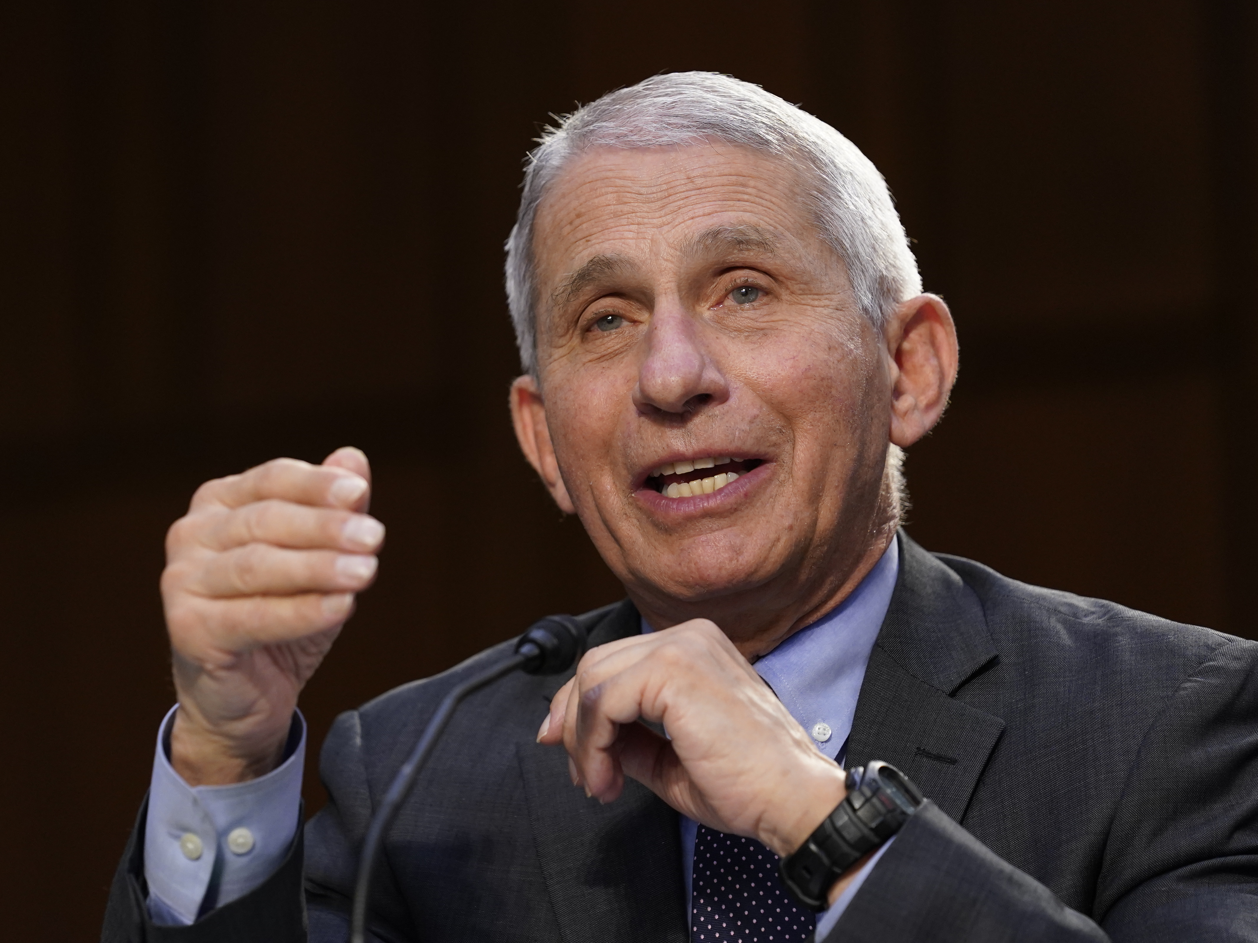 Dr. Anthony Fauci, director of the National Institute of Allergy and Infectious Diseases, testifies during a Senate hearing last month on the federal coronavirus response. (Pool/Getty Images)