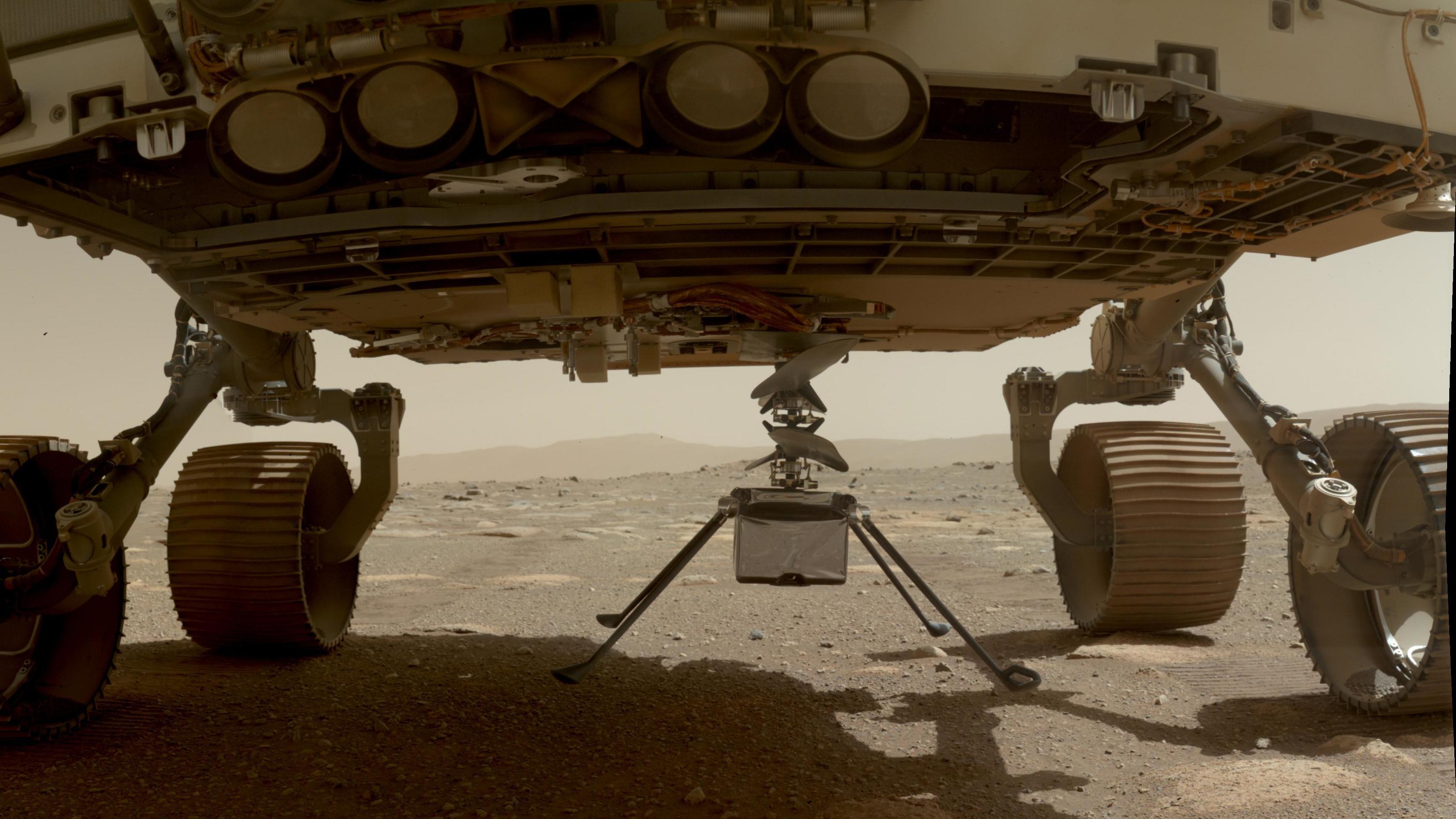 NASA's Ingenuity helicopter with all four of its legs deployed before dropping from the belly of the Perseverance rover on March 30, 2021. (NASA)