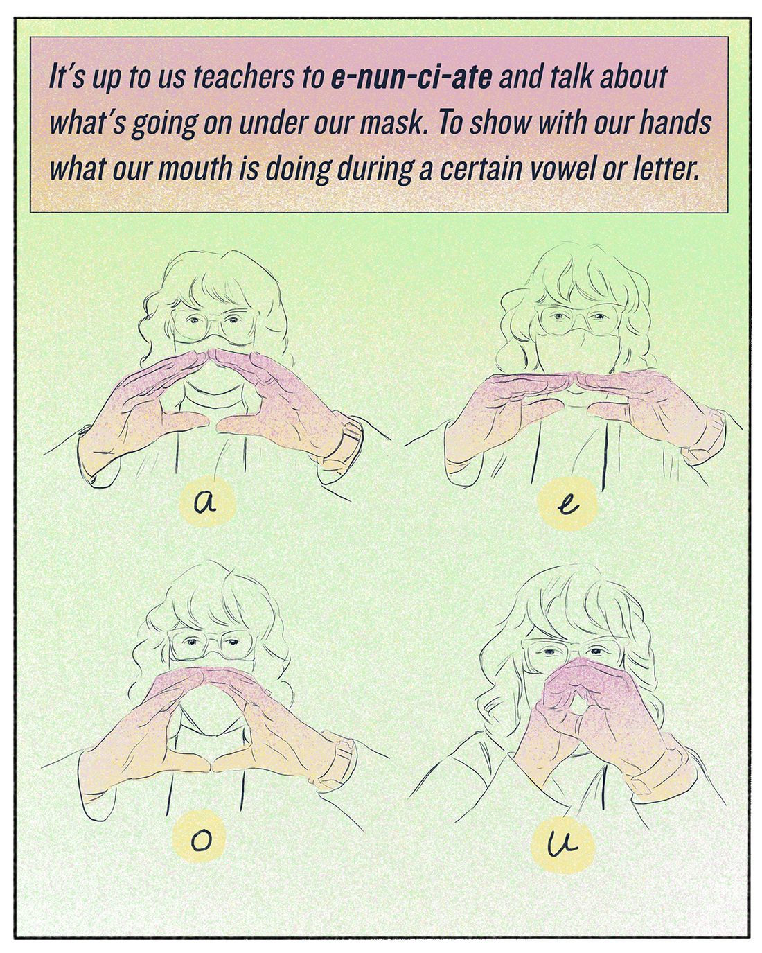 "It's up to us as teachers to really e-nun-ci-ate and talk about what's going on under our mask. To show with our hands what our mouth is doing during a certain vowel or letter."