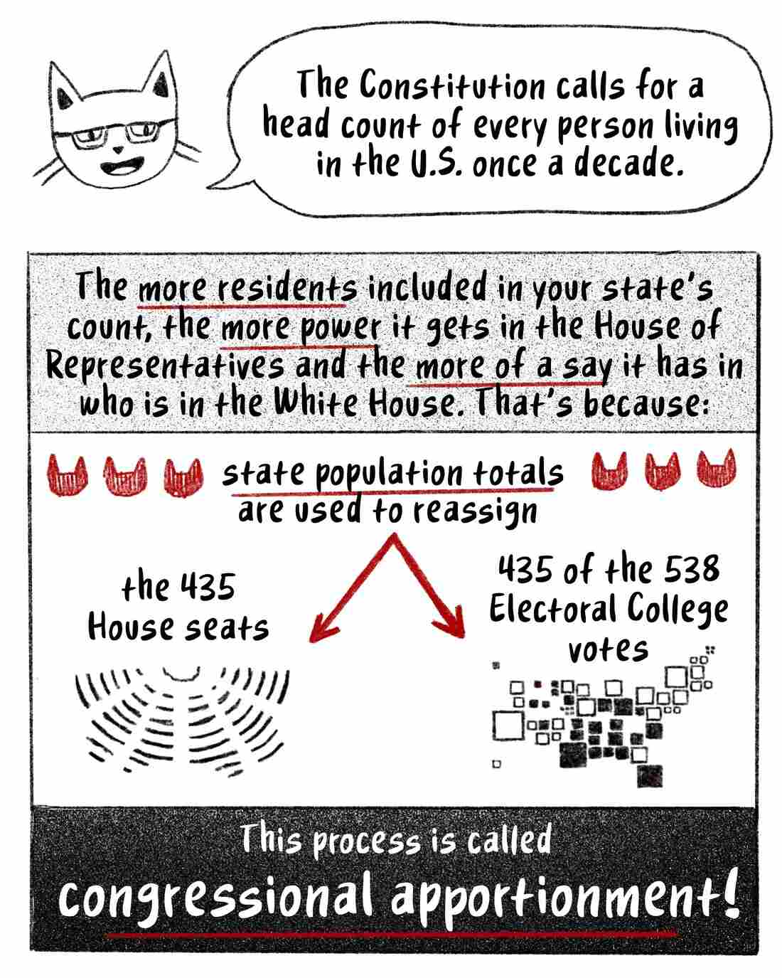That's because the Constitution requires a count of every person living in the U.S. once a decade. And state population totals from the census are used to reassign House seats and Electoral College votes — a process called congressional apportionment!