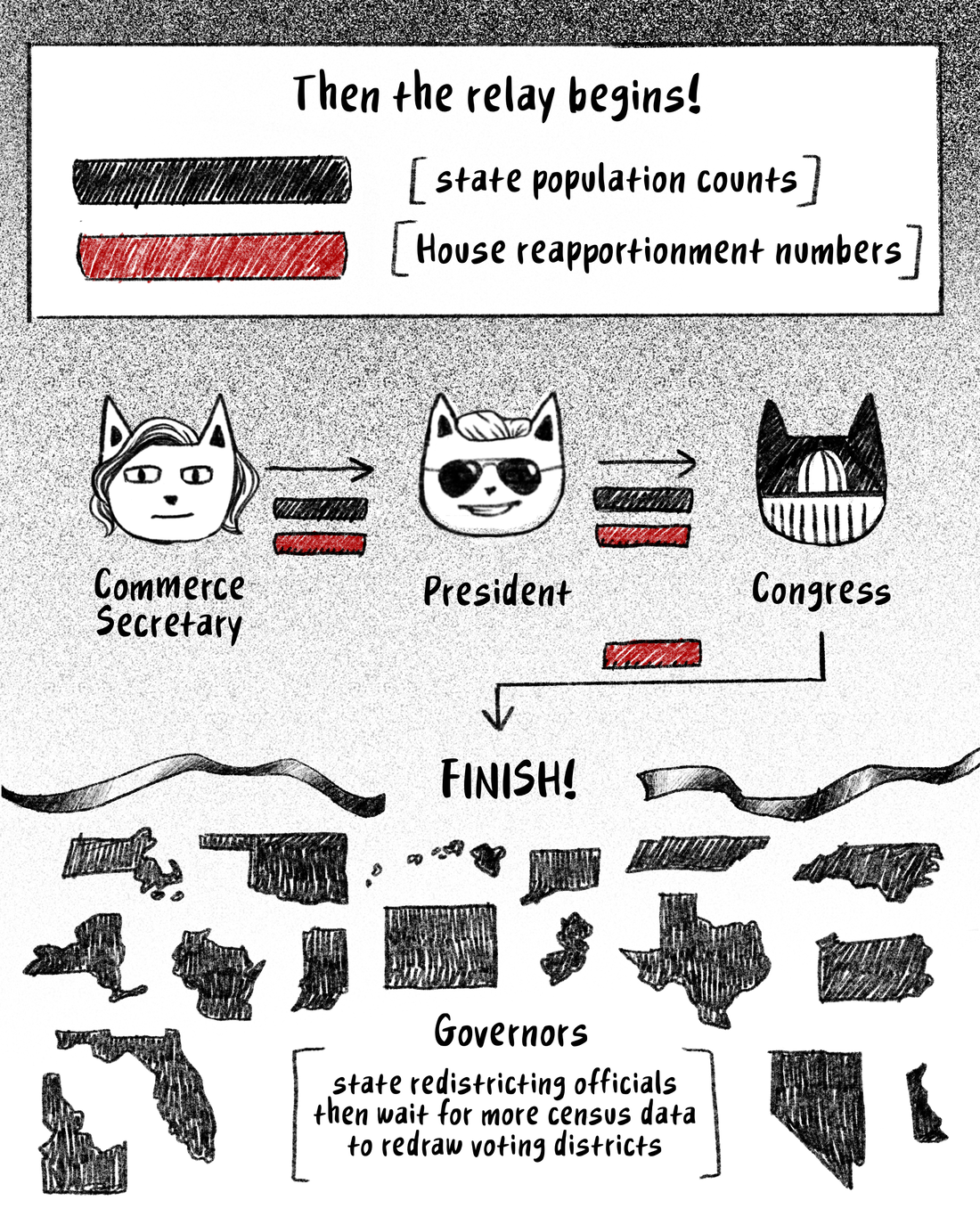 The batons go from the commerce secretary to the president and then to Congress, which finishes by passing only the second baton to the governor in each state. State redistricting officials then wait for more census data to redraw voting districts.
