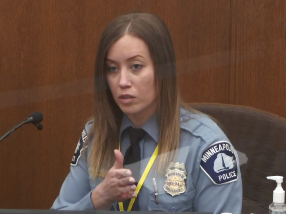Minneapolis police officer Nicole Mackenzie testifies Tuesday in the trial of former officer Derek Chauvin. (Court TV/Pool via AP)