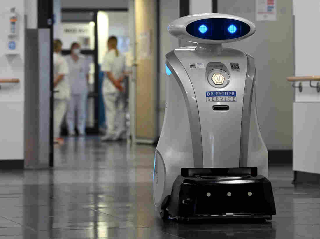 A robot in a corridor.