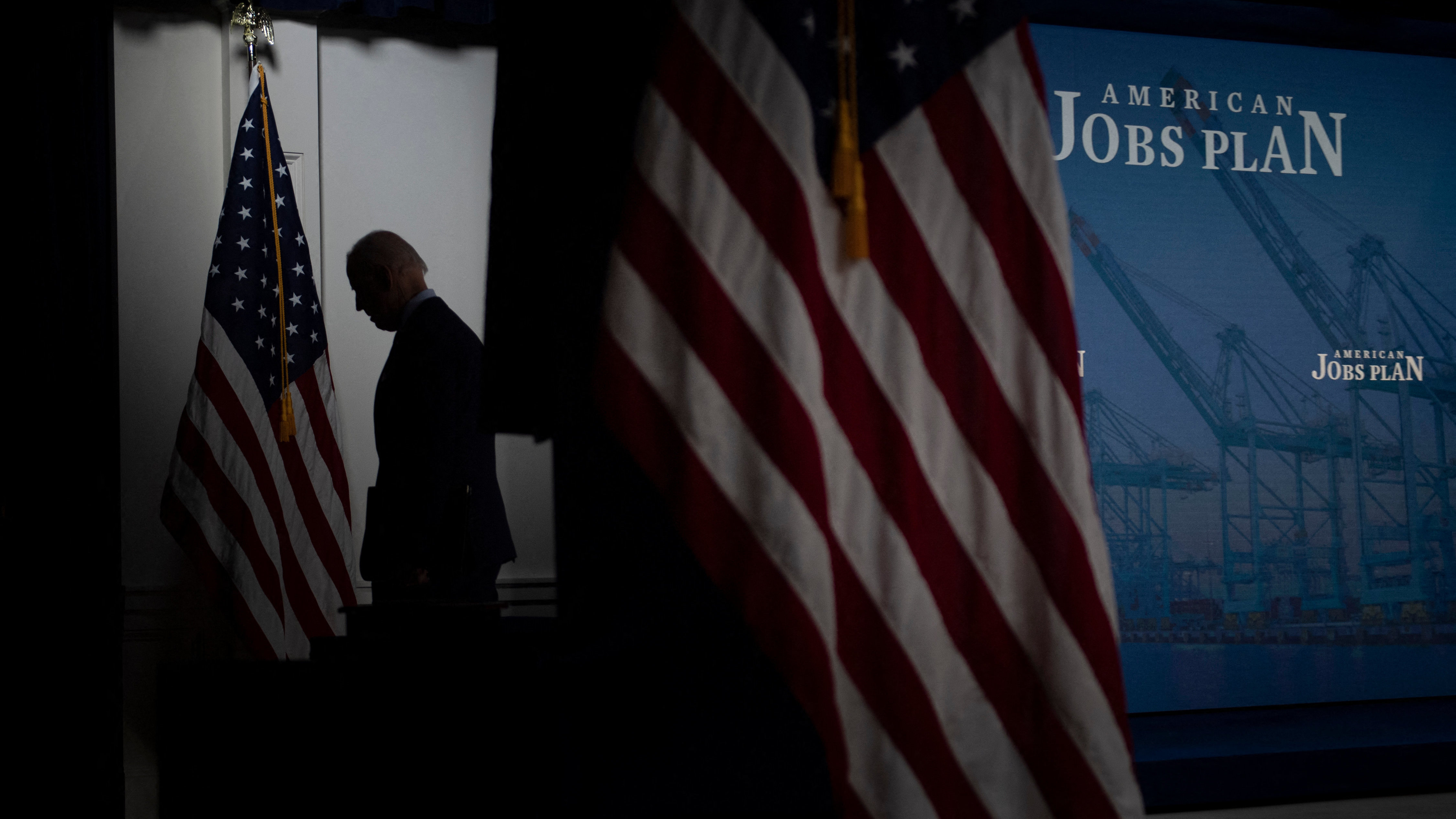 President Biden leaves after speaking about his sprawling $2.3 trillion American Jobs Plan on Wednesday. (AFP via Getty Images)