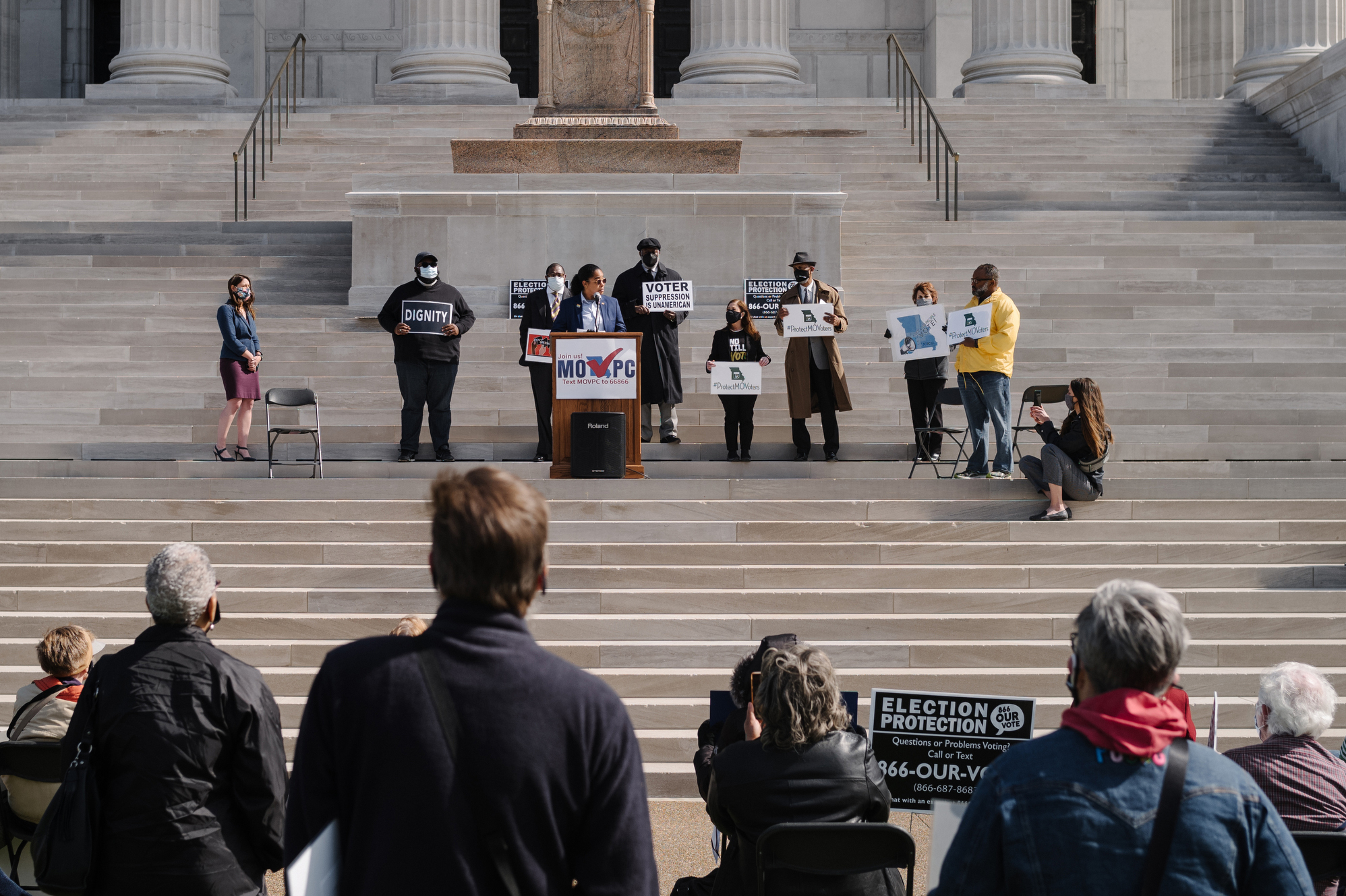 A crowd attends a rally as part of the 2021 Missouri Voting Rights Lobby Day at the state Capitol in Jefferson City, Mo., on March 31. The Republican-led House approved a bill that would impose strict photo ID and other requirements on voting. (Jacob Moscovitch for NPR)