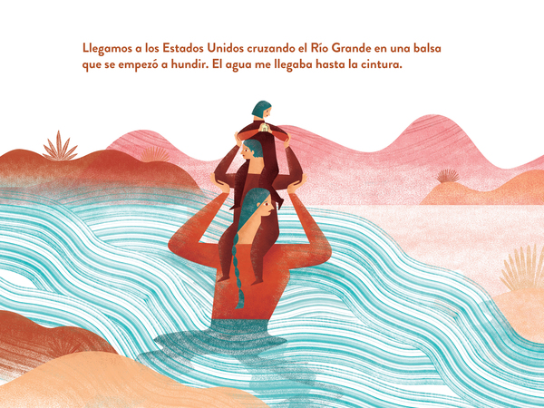 A Spanish version of Hear My Voice/Escucha Mi Voz reads, "We entered the United States by crossing the Rio Grande on a raft that started to sink. I got wet up to my waist." (Excerpted from Hear My Voice/Escucha mi voz. Foreword by Michael Garcia Bochenek; Compiled by Warren Binford; Workman Publishing. Copyright 2021.)