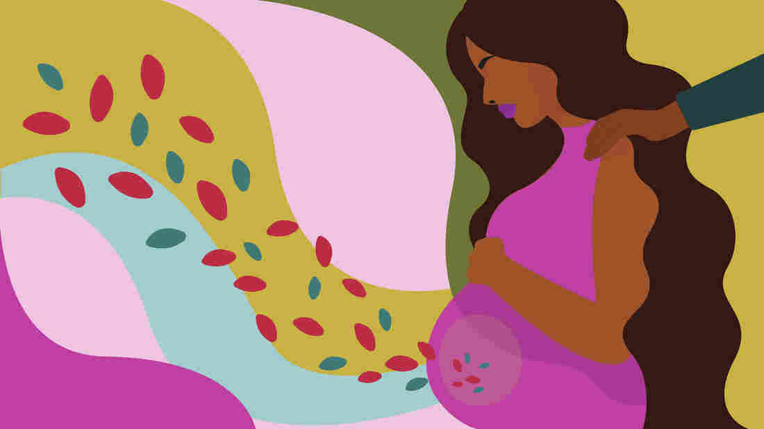 Illustration of a pregnant woman standing in profile to the right of the frame, facing left and holding her stomach. A translucent circle drawn on her stomach holds a few small blue and red petals that increase in number and float upwards to the left of the frame, as though they are blowing away. A hand extends from the right of the frame, resting on her shoulder in comfort.