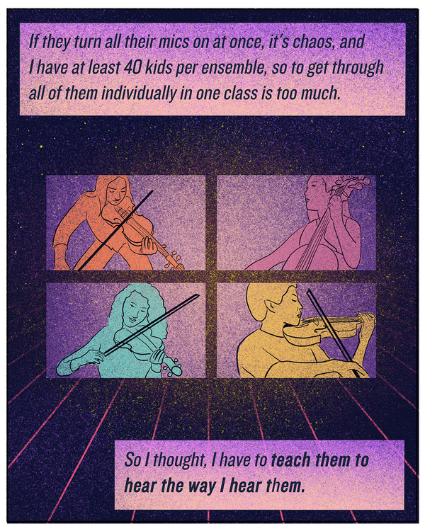 "If they turn all their mics on at once, it's chaos, and I have at least 40 kids per ensemble, so to get through all of them individually in one class is too much. So I thought, I have to teach them to hear the way I hear them."