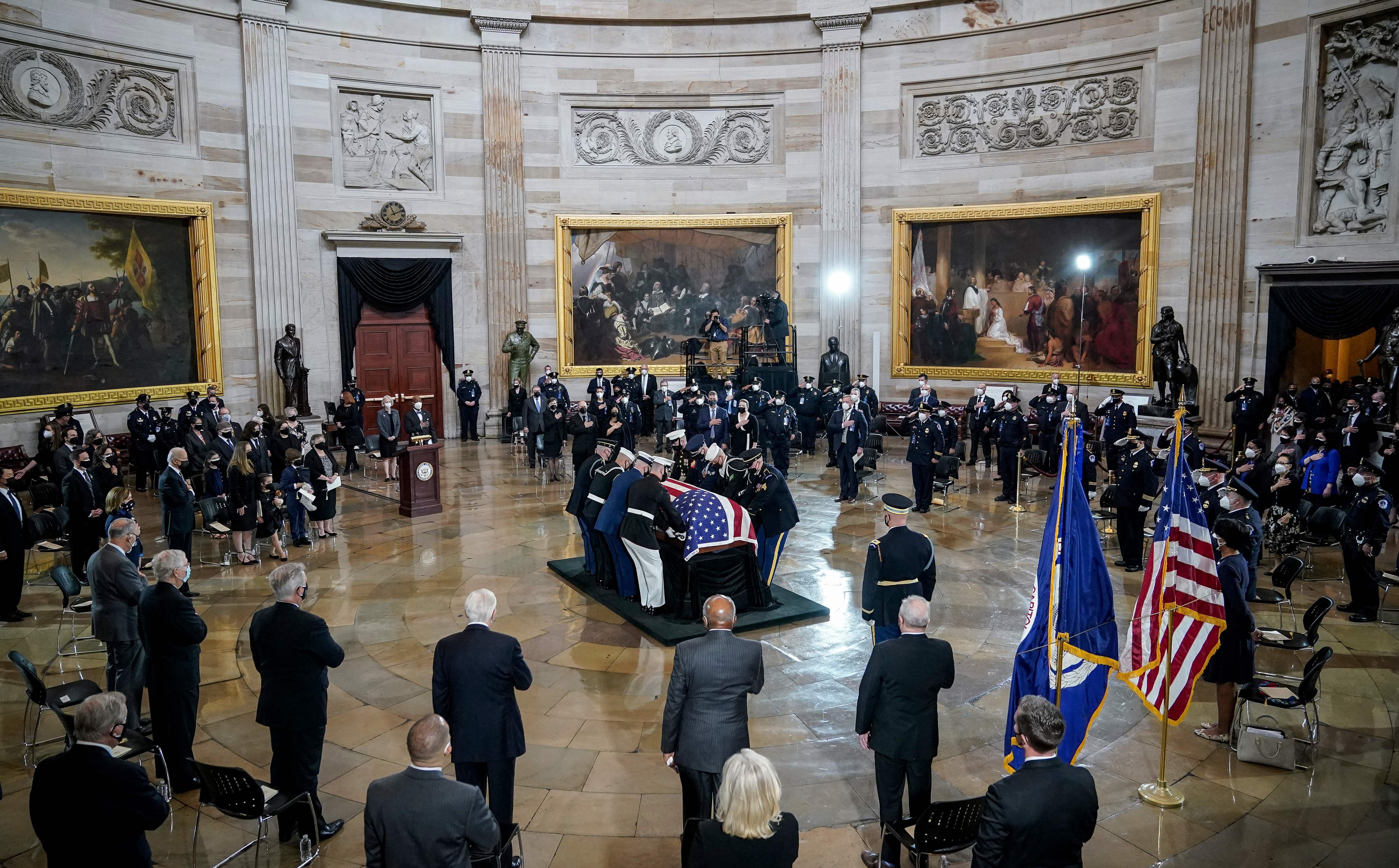 The casket of the late U.S. Capitol Police Officer William &quot;Billy&quot; Evans arrives for a memorial service Tuesday in the Rotunda of the U.S. Capitol. (Pool/AFP via Getty Images)