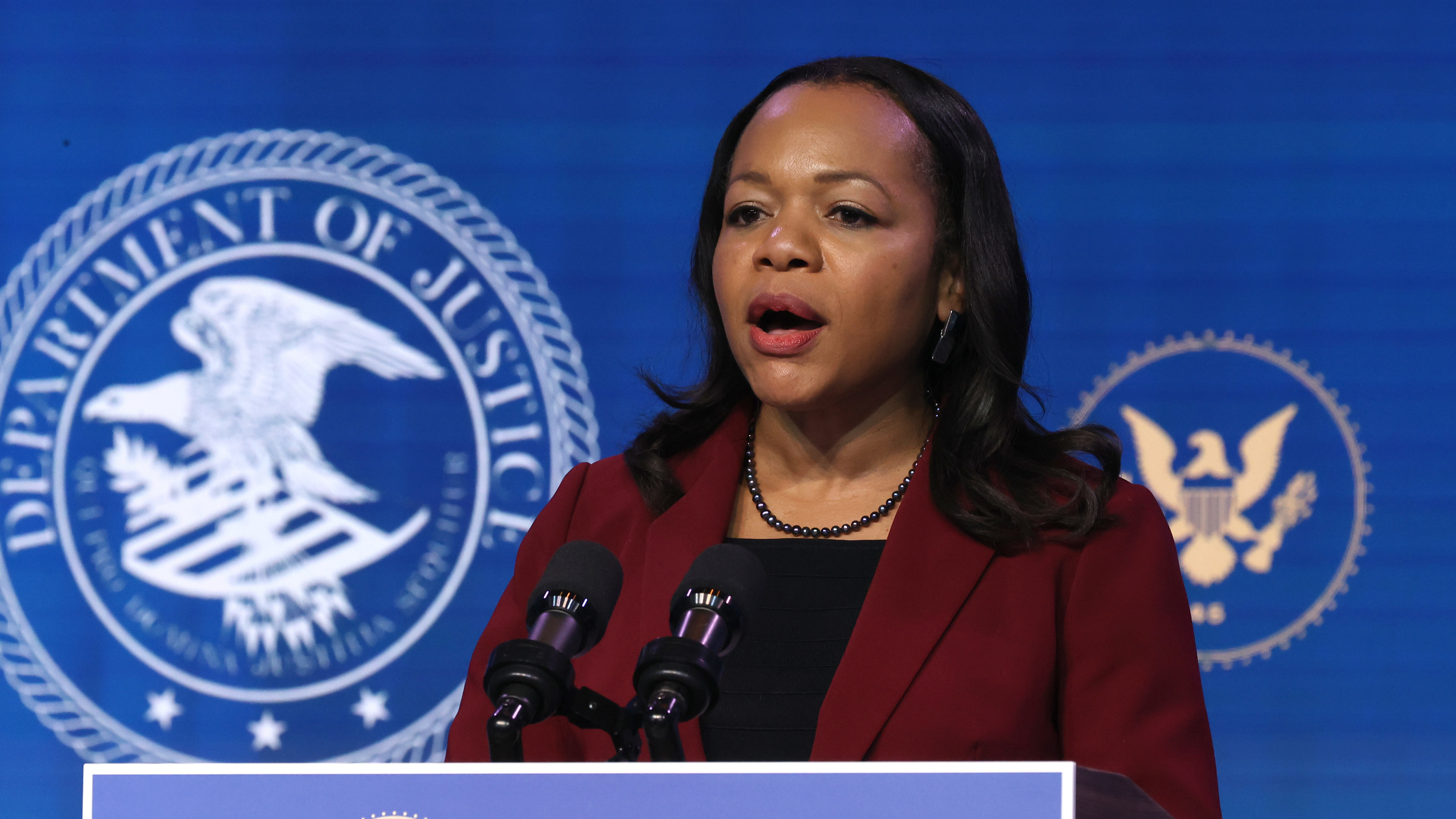 Kristen Clarke delivers remarks after being nominated to be civil rights division assistant attorney general by then-President-elect Joe Biden on Jan. 7. Her confirmation hearing is on Wednesday. (Chip Somodevilla/Getty Images)